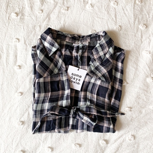Somedays Lovin Tops - somedays lovin navy plaid tie open front shirt
